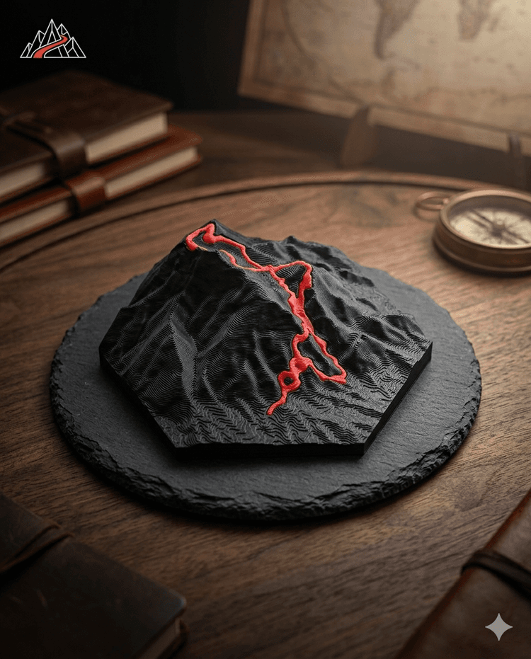 TrailTrace mountain terrain print with an illuminated trail path